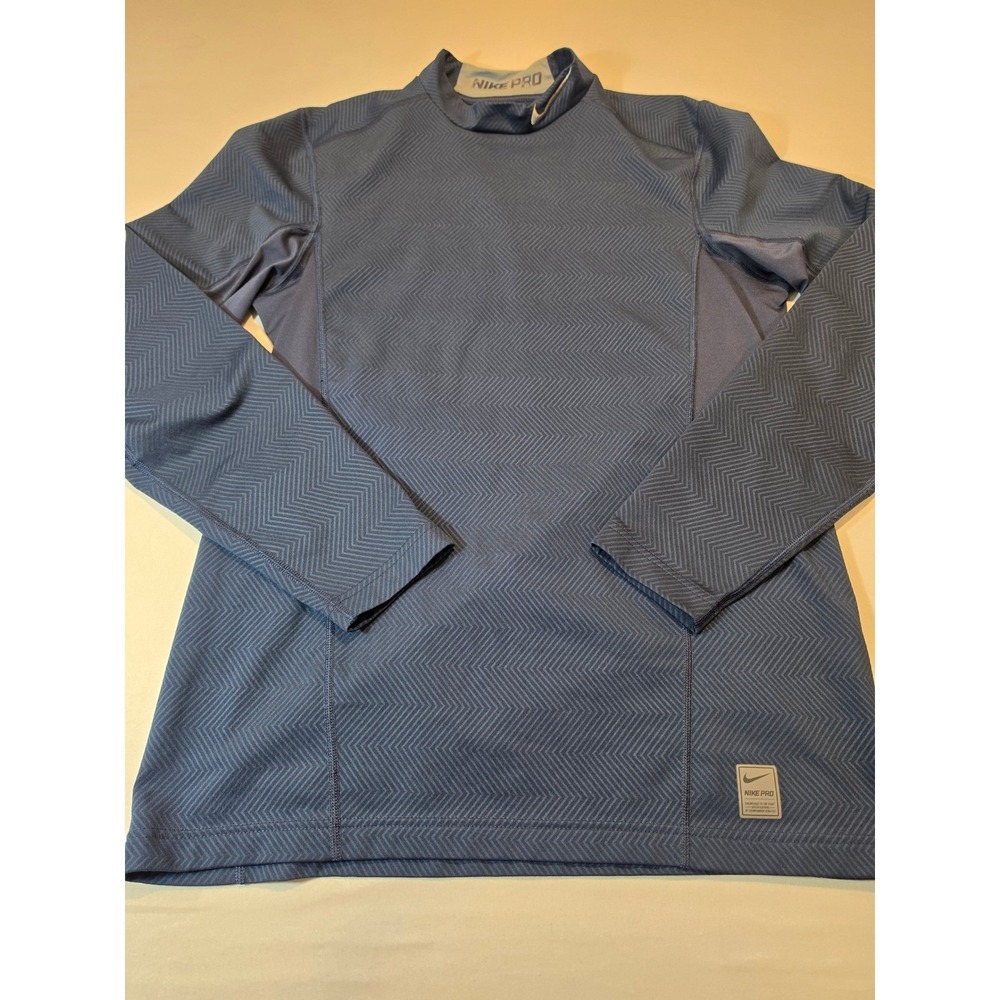 Nike Pro Dri-FIT Mens Large Blue Chevron Mock Neck Long Sleeve Compression Shirt